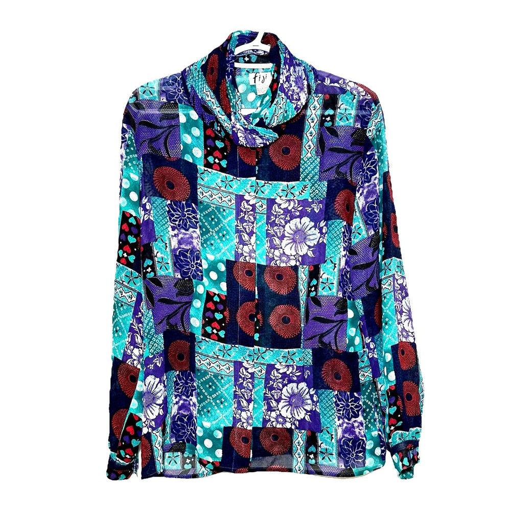 Vintage 90s Patchwork Blouse Cowl Neck Abstract Floral Top M Fiji Size 10